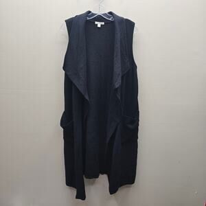 Carson 100% Wool Sleeveless Long Open Front Cardigan Waterfall Black SZ Medium